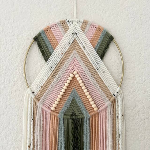 Green & Pink Yarn Wall Hanging, Boho Beaded Tapestry - image 1