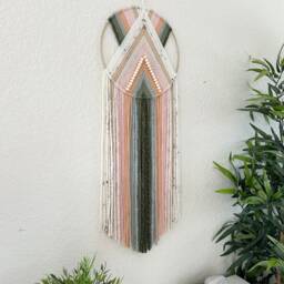 Green & Pink Yarn Wall Hanging, Boho Beaded Tapestry - thumbnail 3
