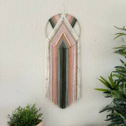 Green & Pink Yarn Wall Hanging, Boho Beaded Tapestry - thumbnail 2