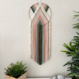 Green & Pink Yarn Wall Hanging, Boho Beaded Tapestry - thumbnail 4