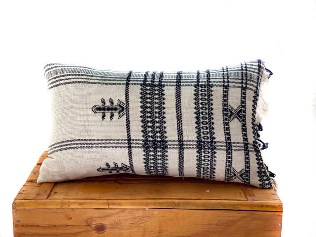 "Indian Bedcover Lumbar Pillow, 100% Handwoven Cotton, Black & White, 12""x20"