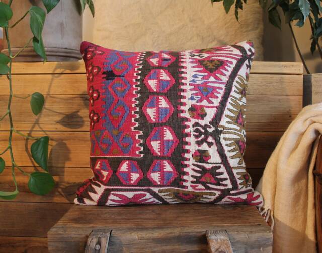 40cm - 16 Inch Square Vintage Kilim Cushion Cover Handwoven - Hand Spun Natural Fibres - image 1