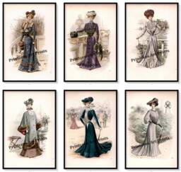 Victorian Fashion Illustrations Set Of 6 Art Prints Women's Coats, Jackets, Bonnets - thumbnail 1