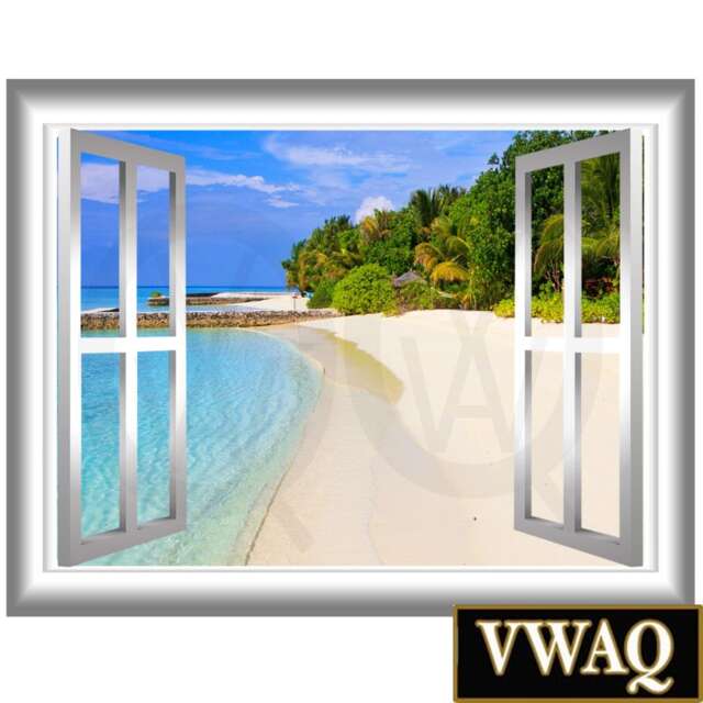 Sandy Beach 3D Window Frame Vinyl Decal Scene Wall Peel & Stick Mural Nw72