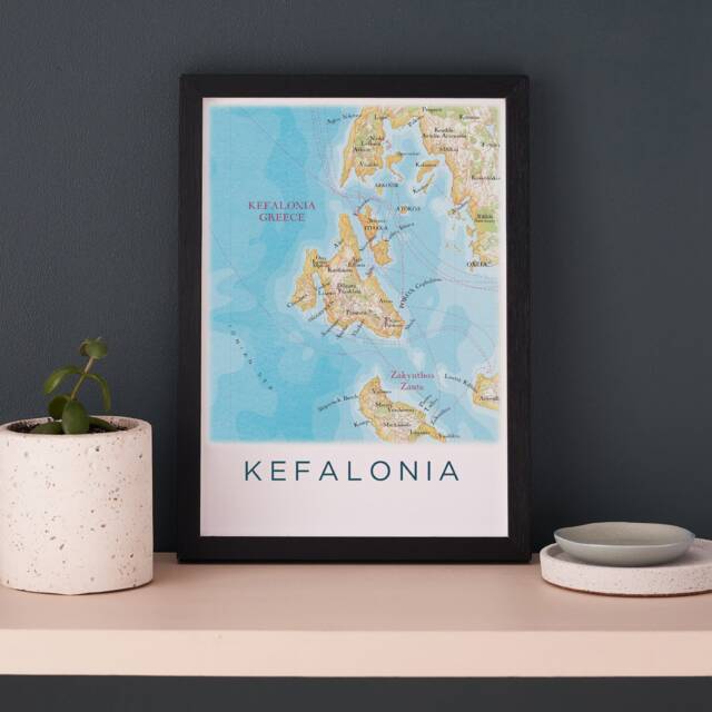 Framed Kefalonia Map Print Poster, Greece Gift, Wall Art Home Decor Gifts, Wedding Anniversary Illustration - image 1