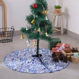 Blue Floral Indian Block Printed Christmas Piping Scallops Tree Skirt, 36 Inch Cotton House Boho Party Mat Skirt - thumbnail 3