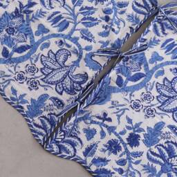 Blue Floral Indian Block Printed Christmas Piping Scallops Tree Skirt, 36 Inch Cotton House Boho Party Mat Skirt - thumbnail 4