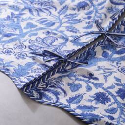 Blue Floral Indian Block Printed Christmas Piping Scallops Tree Skirt, 36 Inch Cotton House Boho Party Mat Skirt - thumbnail 2