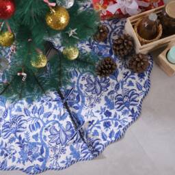 Blue Floral Indian Block Printed Christmas Piping Scallops Tree Skirt, 36 Inch Cotton House Boho Party Mat Skirt - thumbnail 1