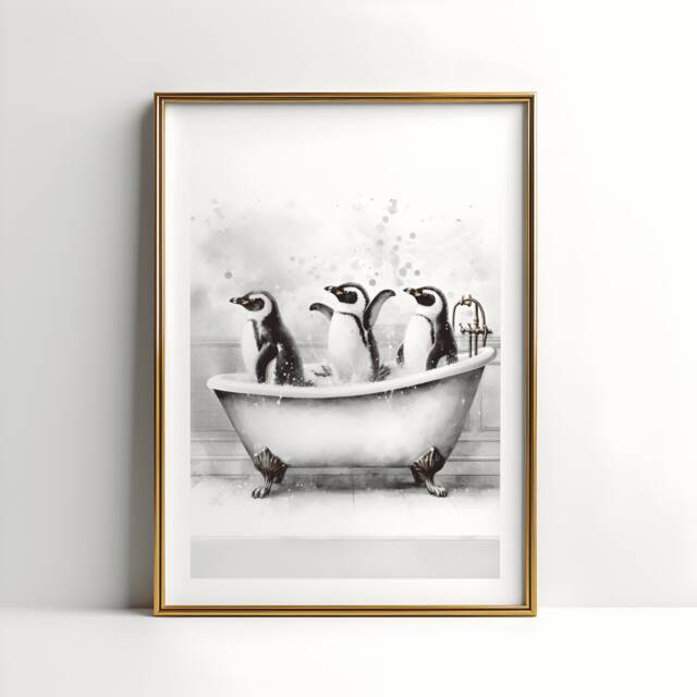 Penguin Bathroom Print - Animal Bathtub Poster - Bath Room Wall Art Vintage Decor Kids Animals - image 1