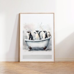 Penguin Bathroom Print - Animal Bathtub Poster - Bath Room Wall Art Vintage Decor Kids Animals - thumbnail 2