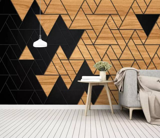 3D Triangle Wallpaper, Geometric Wall Mural, Black Wood Planks, Peel & Stick - image 1