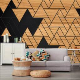 3D Triangle Wallpaper, Geometric Wall Mural, Black Wood Planks, Peel & Stick - thumbnail 2
