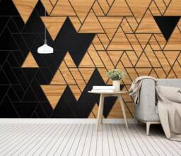 3D Triangle Wallpaper, Geometric Wall Mural, Black Wood Planks, Peel & Stick - thumbnail 1