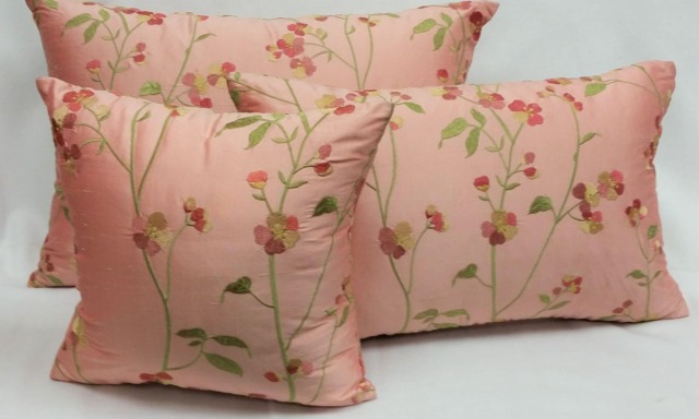 Embroidered Silk Cushion Cover Set, Floral Watermelon Pillows - image 1