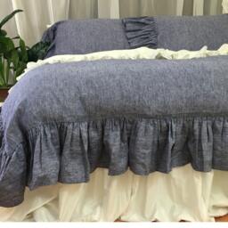 Chambray Denim Duvet Cover With Mermaid Long Ruffles, Bedding Ruffles - thumbnail 3