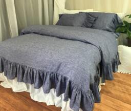 Chambray Denim Duvet Cover With Mermaid Long Ruffles, Bedding Ruffles - thumbnail 1
