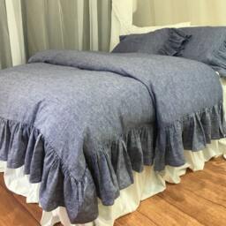 Chambray Denim Duvet Cover With Mermaid Long Ruffles, Bedding Ruffles - thumbnail 4