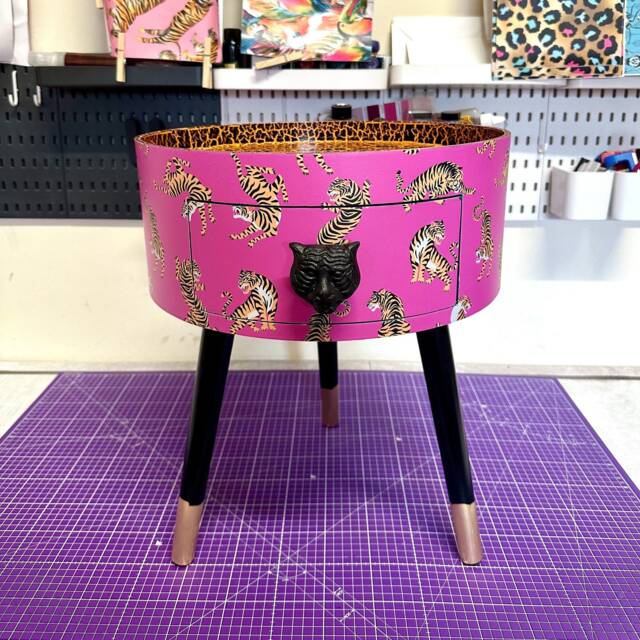 Hot Pink & Black Tiger Round Bedside Table . Fun Bright Home Decor Ideal For Nightstand Or Side Table. Comes With Inbuilt Drawer - image 1