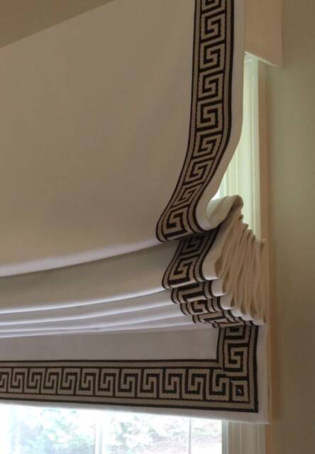 Custom Relaxed Roman Shade With Greek Key Trim - image 1