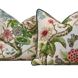 Schumacher Cranley Garden Pillow Green & Red - Designer Chinoiserie Pillow, Euro Sham, High-End Decorative Cushions, Accent Floral Pillows - thumbnail 2