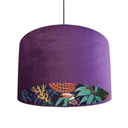 Purple Velvet Lampshade With Tropical Wonderland Lining, Large Ceiling Lightshade