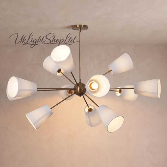 Mid Century Modern 12-Light Sputnik Chandelier - Multi-Arm Brass Pendant Lamp With Frosted Cone Shades Large Statement Ceiling Light - image 1