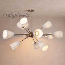 Mid Century Modern 12-Light Sputnik Chandelier - Multi-Arm Brass Pendant Lamp With Frosted Cone Shades Large Statement Ceiling Light