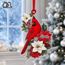 Custom Name Red Cardinal Poinsettia Ornament, Christmas Tree Car Hanging Decor, Flat 2D Ornament Acrylic Wooden Holiday Keepsake Gift 2026 - thumbnail 3