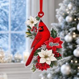 Custom Name Red Cardinal Poinsettia Ornament, Christmas Tree Car Hanging Decor, Flat 2D Ornament Acrylic Wooden Holiday Keepsake Gift 2026