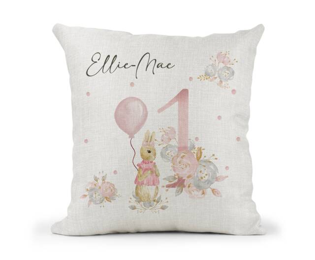 Personalised Peter Rabbit Cushion...girls 1st Birthday Gift..bedroom Decor...daughter..granddaughter..goddaughter..niece.. Keepsake..flopsy - image 1