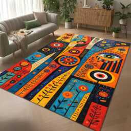 Abstract Folk Art Rug - Colorful Geometric Eye Tile Mat Decor, Nonslip Carpet - thumbnail 2
