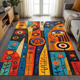 Abstract Folk Art Rug - Colorful Geometric Eye Tile Mat Decor, Nonslip Carpet