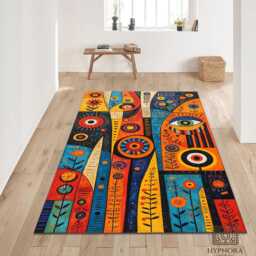 Abstract Folk Art Rug - Colorful Geometric Eye Tile Mat Decor, Nonslip Carpet - thumbnail 3
