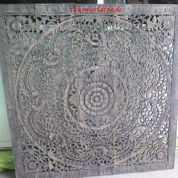 Queen Size Bed Bohemian Headboard Mandala Sculpture Lotus Flower Wooden Hand Craved Carving Teak Wood Art Panel Panels Wall Home Decor Thai - thumbnail 3
