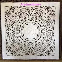 Queen Size Bed Bohemian Headboard Mandala Sculpture Lotus Flower Wooden Hand Craved Carving Teak Wood Art Panel Panels Wall Home Decor Thai - thumbnail 2