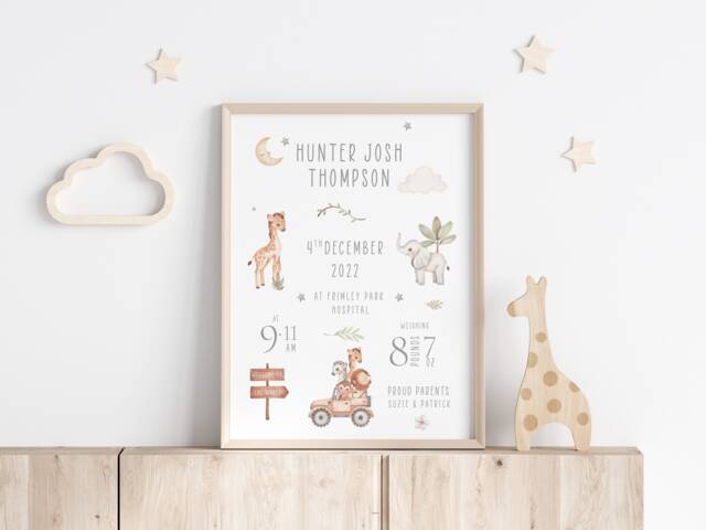 Personalised Baby Boy Birth Stats Print Newborn Gift Print, Neutral Safari Nursery Decor - image 1