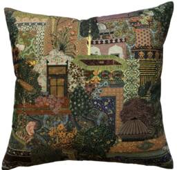 Japanese Botanical Cushion Cover - Green & Purple Floral Forest Pagoda Throw Pillow Made in UK