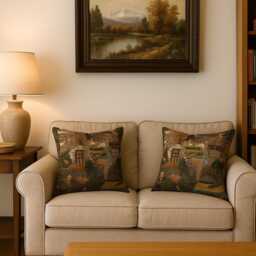 Japanese Botanical Cushion Cover - Green & Purple Floral Forest Pagoda Throw Pillow Made in UK - thumbnail 4