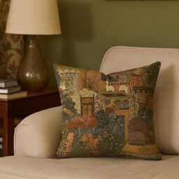 Japanese Botanical Cushion Cover - Green & Purple Floral Forest Pagoda Throw Pillow Made in UK - thumbnail 2