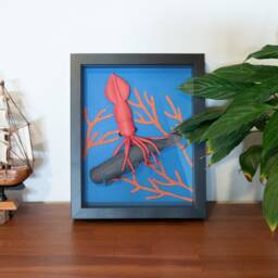 Handmade Leather Squid & Whale in Shadow Box, Craft Nautical Wall Art, Sea Creatures Ocean Art - thumbnail 4