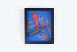 Handmade Leather Squid & Whale in Shadow Box, Craft Nautical Wall Art, Sea Creatures Ocean Art