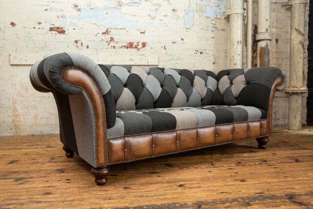 3 Seater Grey Wool Patchwork Chesterfield Sofa, Antique Tan Leather, Unique British Handmade - image 1
