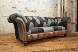 3 Seater Grey Wool Patchwork Chesterfield Sofa, Antique Tan Leather, Unique British Handmade - thumbnail 1