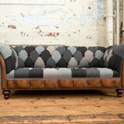 3 Seater Grey Wool Patchwork Chesterfield Sofa, Antique Tan Leather, Unique British Handmade - thumbnail 2