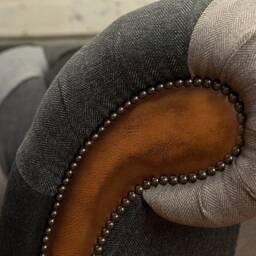 3 Seater Grey Wool Patchwork Chesterfield Sofa, Antique Tan Leather, Unique British Handmade - thumbnail 3