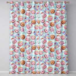 Cute Kawaii Donut Cake Dessert Blue Gingham Background Seamless Pattern Readymade Eyelet Ring Top Thermal 100% Blackout Curtains - thumbnail 2