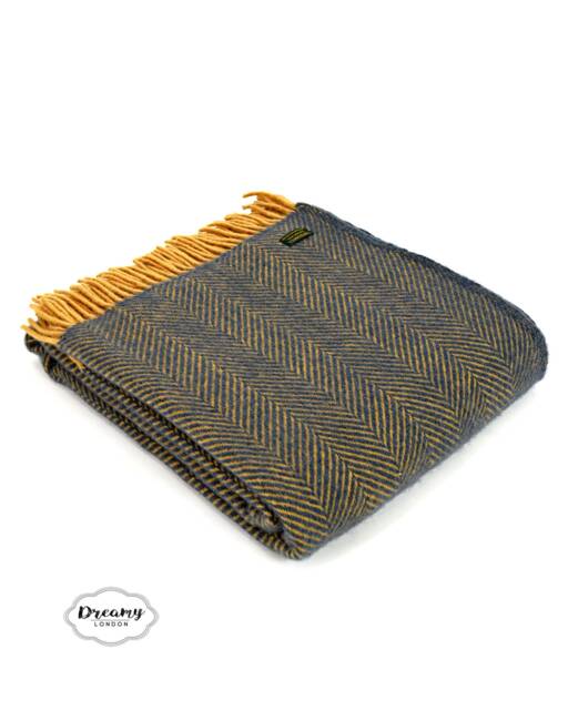 Egg Blue & Mustard Herringbone Wool Blanket - 100% Thick Chunky Woven Throw For Bedroom Decor Or Housewarming - image 1