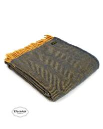 Egg Blue & Mustard Herringbone Wool Blanket - 100% Thick Chunky Woven Throw For Bedroom Decor Or Housewarming