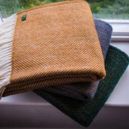 Egg Blue & Mustard Herringbone Wool Blanket - 100% Thick Chunky Woven Throw For Bedroom Decor Or Housewarming - thumbnail 4